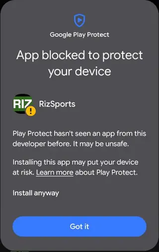 RizSports installation prompt with the Install anyway option.